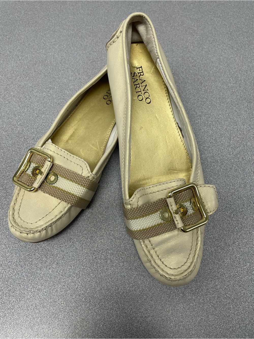 Franco Sarto Gold Shimmer Leather L-Cody Slip-On Loafers with Buckle Accent 8M